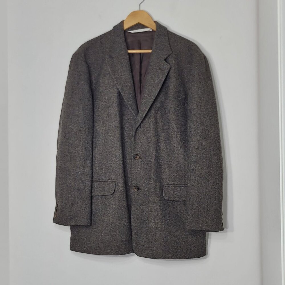 Perry Ellis Brown Grey Tweed 100% Wool Professor Business Casual Blazer Size 42